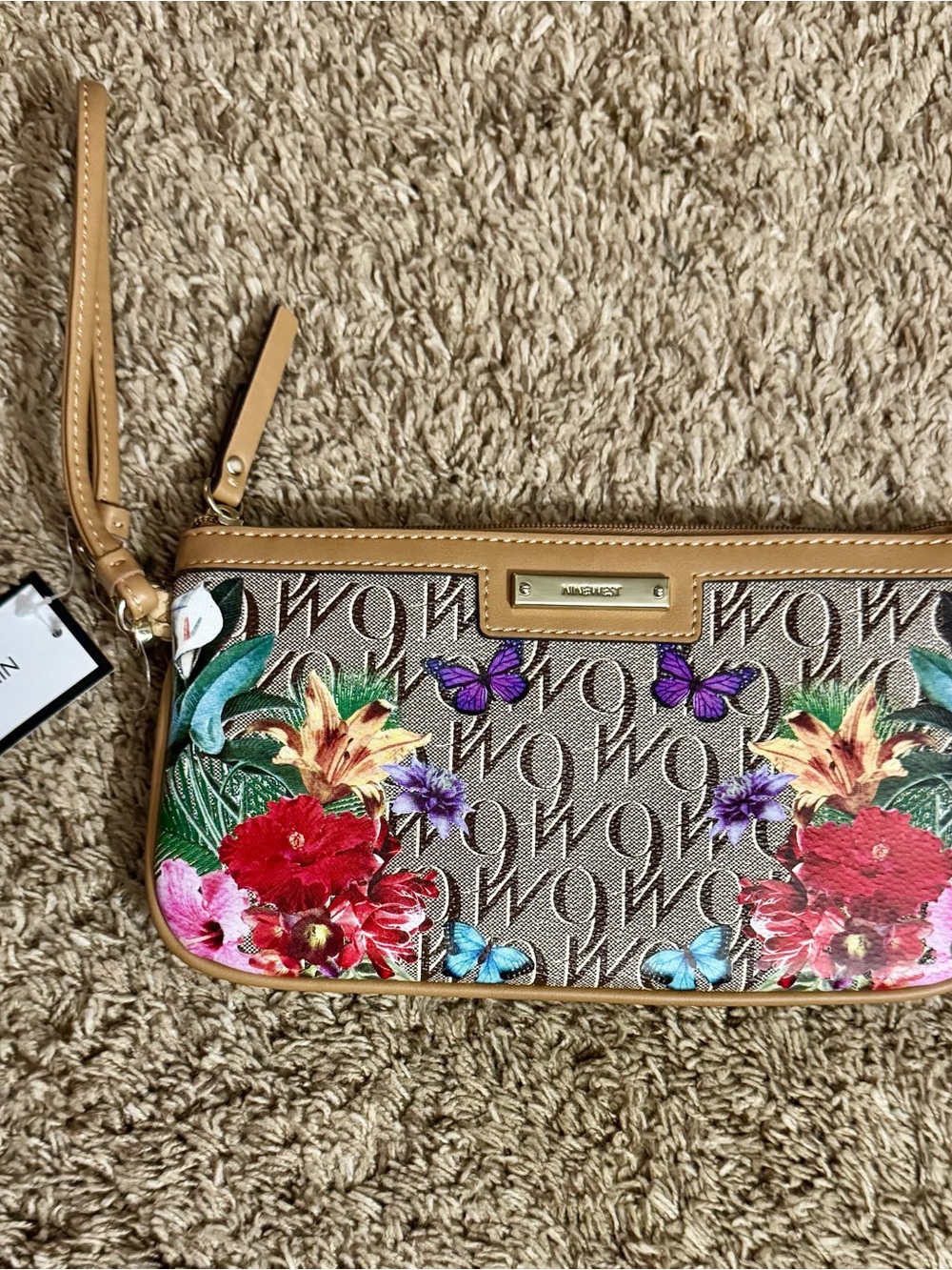 Nine West Tan Wristlet Clutch with Multicolor Floral & Butterfly Print